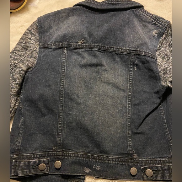 Free People distressed denim jean jacket with knit sleeves XS - Picture 3 of 10